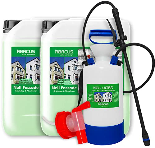 ABACUS® Fassadenreiniger mit Drucksprüher, Grünbelagentferner für Fassaden, Putz & Hauswände – Entfernt selbsttätig Pilze, Flechten & Algen von Fassaden – Nur 0,1L pro m², Nell Fassade 10 Liter (7594)