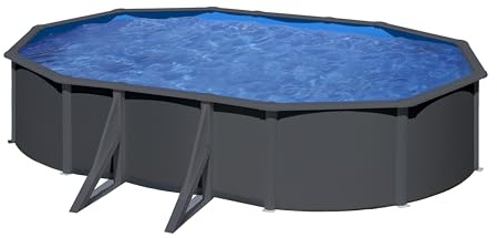 Gre KIT500GY Piscina de Acero Elevada, Ovalada con Aspecto Acero Gris Grafito, Piscinas Desmontables para Jardín, 500 x 300 x 120 cm, Kea