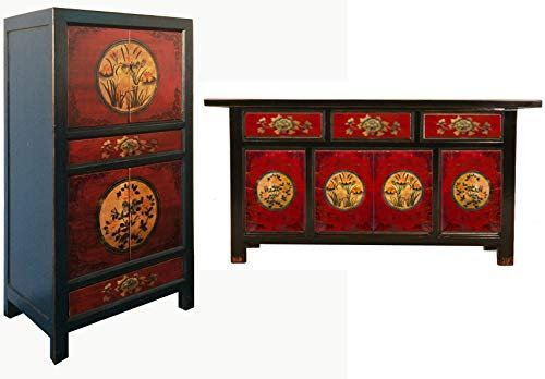 OPIUM OUTLET Chinesische Möbel Kombination/Set, Asia Möbel Schlafzimmer Shabby Chic Vintage rot-schwarz Sideboard mit passendem Schrank