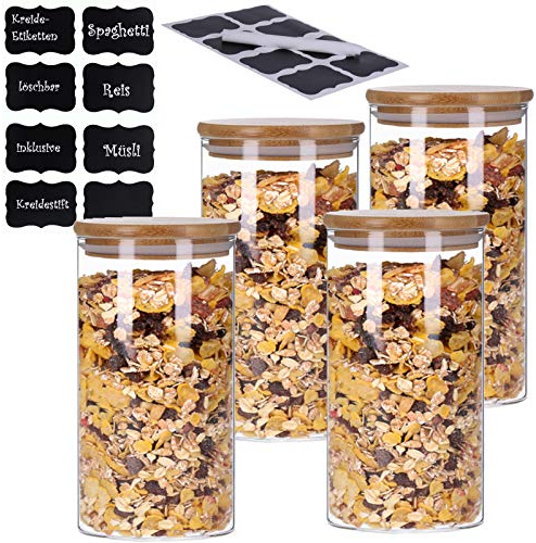 TALK-POINT 4er Set Vorratsdosen aus Glas mit Bambusdeckel Vorratsgläser Glasbehälter Spaghetti- Glas | inkl. 8 Kreideetiketten und Stift | luftdicht Spülmaschinenfest Mottensicher (4x 1200 ml)