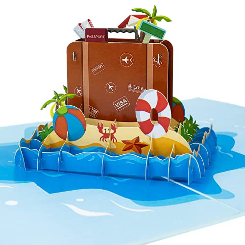 LIMAH® Pop-Up 3D Reisekarte/Gutscheinkarte für Urlaub, Reise, Ausflug/als Reisegutschein, Geschenk oder Geschenkkarte/Reisekoffer am Strand-Motiv/in lau