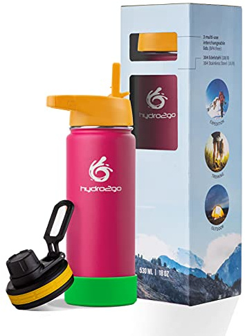 hydro2go Barnflaska i Rostfritt Stål - 100% Läckagesäker, BPA-fri med 2 Lock (Strå och Sport) - Termoflaska för Barn (Pink) - 530ml