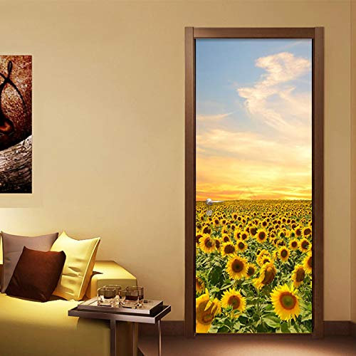 FHKGIUJAD 3D Drucken | Tür Bekleben Mit Türtapete Selbstklebend Sonnenuntergang Sonnenblumen Landschaft | Tür Verschönern Mit Türfolie | Türaufkleber Xxl Türbilder | Türposter Türklebefolie 88X200Cm