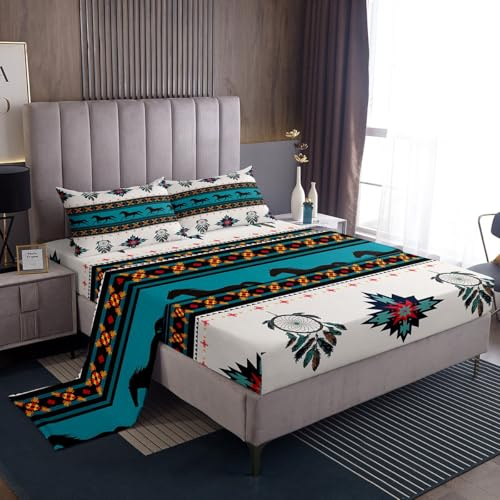 Horse Bed Sheet Set Western Bedding Set Boho Dreamcatcher Aztec Fitted Sheet for Boys Girls Kids Teens Cowboy Cowgirl Bedroom Decor Bohemian Exotic Native Tribal Bed Cover Sheet Sets Queen Size 4Pcs