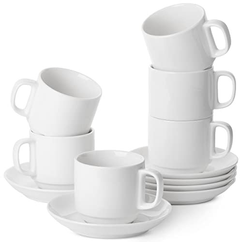 BTaT - Set di 6 tazze da tè e piattini impilabili, colore bianco, 226,8 g, tazze da cappuccino, tazze da caffè, tazze da tè bianco, set da tè britannico, tazze da tè in porcellana, tazze da latte