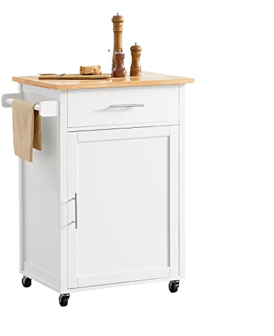 SoBuy Servierwagen mit Rollen Küchenwagen mit Arbeitsplatte Rollwagen Küche Beistellwagen Regal Küche weiß-Natur BHT ca. 68x90x46cm FKW102-WN
