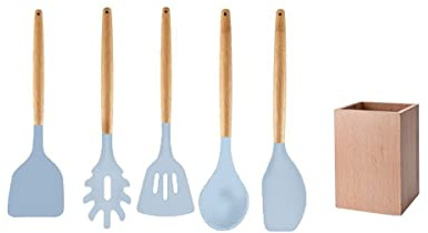 Fackelmann 30178 Küchenhelfer-Set, 5-teilig, Löffel und Pfannenwender und Ständer aus Holz, Silikon, FSC-Holz, 32 cm