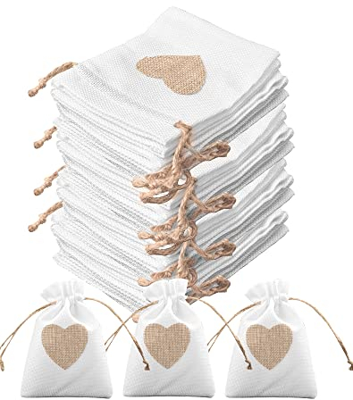 30 Stück Jutesäckchen Kleine Säckchen 10 x 14CM Baumwollbeutel mit Kordelzug Natur Säckchen Geschenksäckchen mit Herz Jutebeutel zum Befüllen Leinensäckchen für Schmuck DIY Hochzeit Party
