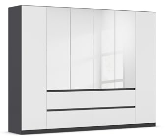 Rauch Möbel Mainz, Kleiderschrank, Farbe Weiß/Grau metallic, Breite 271 cm | Schrank, Kinderkleiderschrank, 6-türig, mit Spiegel, Push-to-open, für Schlafzimmer, Kinderzimmer, Babyzimmer, Garderobe