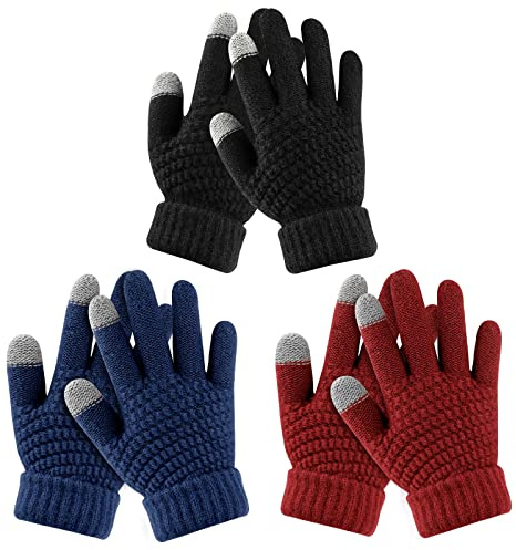 ONESING 3 Pairs Kids Knit Gloves - Stretchy Gloves for Boys Girls Winter, Solid Finger Gloves for Children Mixcolor I