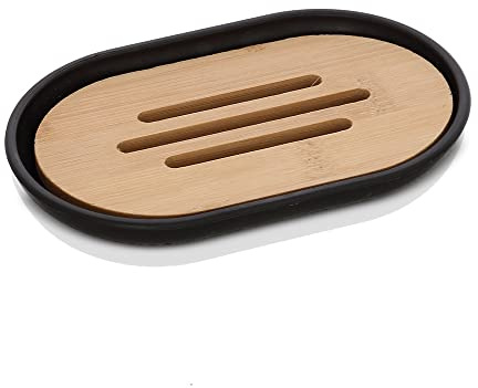 Inbagno Portasapone Nero da appoggio, ABS e Legno bambù, Linea Surf