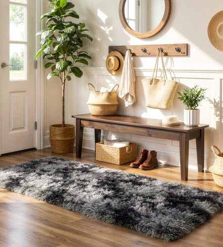 VOFUSHON Teppich Läufer 80x150 cm Dunkelgrau Hochflor | Waschbar, Rutschfest, OEKO-TEX Zertifiziert, 35D Rückprallschaum, Flauschig, Flur, Wohnzimmer, Schlafzimmer, Kinderzimmer