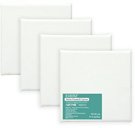 EXERZ Tele per pittura 10x10m set da 4 /Tele d’artista intelaiate/280GSM/Prestirate 100% Cotone/Vuote/Imprimitura tripla/Tre strati di gesso/Prive di acidi/Grana media/spessore 1,7cm