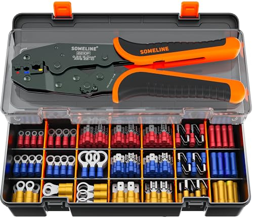 SOMELINE Kit de Crimpadora Terminales Eléctricos, 26 Tipos de Terminales Preaislados, 0,34–6mm² Crimpadora Autoajustable de Trinquete, para Electricista, Automoción y Bricolaje