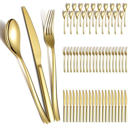 Berglander Ensemble de couverts de mariage en or 60pcs pour 20, couverts en acier inoxydable plaqué titane, couteaux de fourchettes de cuillères d’or pour la maison, mariage, restaurant