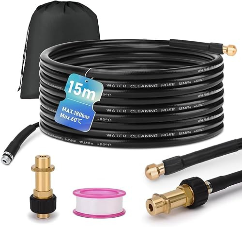 Set di tubo flessibile per pulizia condotte da 15 m, 180 bar, con borsa e adattatore M22, set universale per pulizia condotte, compatibile con idropulitrici K2 K3 K4 K5 K6 K7, 4 getti ad alta