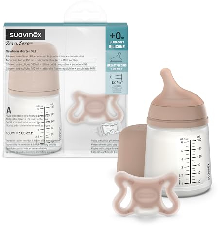 Suavinex, Biberon Anti-Coliche + Ciuccio Zero Zero. Biberon da 180 ml con tettarella a flusso adattabile (A) e ciuccio per neonati taglia -2/2 mesi. Adatto ai bambini prematuri, medium