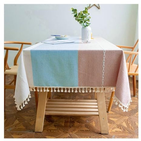 Gualiy Tischdecke Quadratisch, Tischdecke 140x300CM Baumwolle Leinen Tischdecke Abwaschbar Küche Streifen Jacquard mit Quasten Tischdecken für Wohnzimmertisch, Weiß Blau Rot