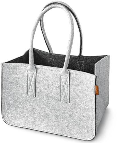 Miqio Design Filz Shopper | große Einkaufstasche mit Henkel und Innentasche | Shopping-Bag Einkaufskorb | Tragetasche aus Filz| Aufbewahrungskorb | Hellgrau-Dunkelgrau