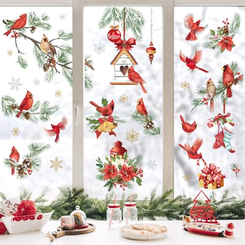 decalmile Fensterbilder Weihnachten Roter Kardinal Fensteraufkleber | Statische Anti-Kollision Fensterdeko, Beidseitiger Druck, auf Beiden Seiten klar Sichtbar, Wasserdicht, Abnehmbar