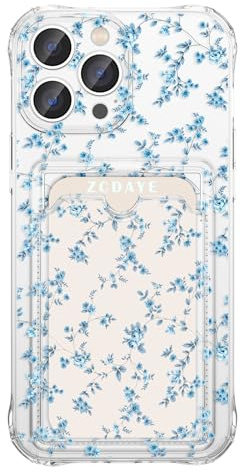 ZCDAYE Hülle für iPhone 13 Pro Max mit Kartenhalter, Süße Blumen Muster Handyhülle TPU Klare Hülle Elegant Frau Damen Handytasche Stabil Edel Tasche für iPhone 13 Pro Max, Elegantes Blau