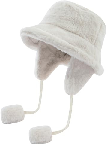 CLAPE Flauschig Kunstfell Wintermütze Warm Fischerhut mit Ohrenklappen Winter Bucket Hat Breite Krempe Eimer Hut Faltbar Anglerhut für Damen Herren