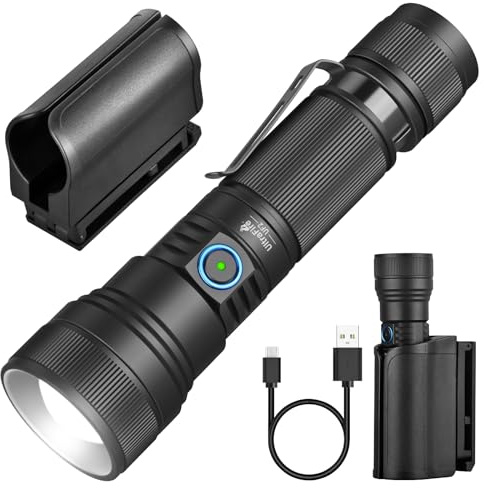 UltraFire Wiederaufladbare Taktische Taschenlampe mit Holster, 1500 Lumen Zoomable LED Taschenlampe mit Gürtel Halterung, 5 Modi Polizei Taschenlampe für Strafverfolgung, Sicherheit, Streife, UF2