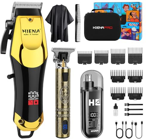 HIENA PRO Professional Hair Clippers Set & Cordless Barber Clippers for Men, Rechargeable Ear, Nose Hair Trimmer Set and Facial Grooming Tool Set, Clippers and Trimmers Kit, Gifts for Men