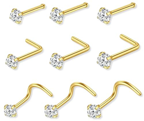 IKOPFLN 9 Pièces 20 G Piercing Nez Vis L Forme Diamant CZ Piercing au Nez Piercing Nez Anneaux Acier Inoxydable Piercing Nez Femme