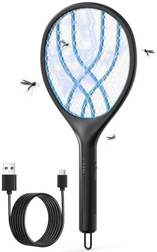 QEXREED Racchetta Zanzare Elettrica, 4000V, Ricaricabile 1500mAh con USB-C, Indicatore di Potenza LED, Griglia Protettiva a 3 Strati, Cordino per Appendere, per Controllo Insetti in Interni ed Esterni