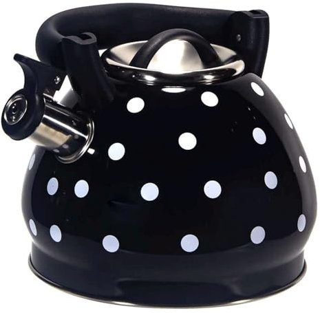 Teiera a pois bianchi e neri, bollitore da 3 litri con fischio, fornello, teiera in acciaio inox con manico anti-calore per acqua bollente, caffè, tè, latte