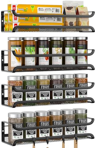 TRAYINDALY Especieros Para Cocina, 4 Piezas Especiero Pared, Organizador Cocina Con 4 Ganchos Móviles, Organizador Especias Cocina Sin Taladrar, Spice Rack Negro para Cocina Armarios y Baño