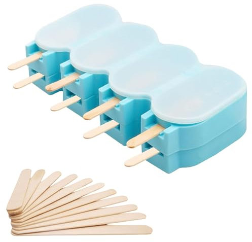 2 stampi per gelato in silicone, 4 cavità per ghiaccioli, senza BPA, con 50 steli e coperchio in silicone per dessert, sorbetto, budino (blu)