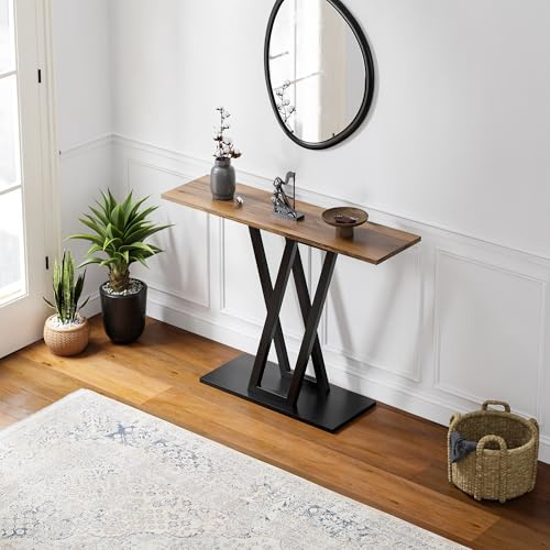[en.casa] Mesa Consola Seinshung con Base de Acero Mesa Auxiliar para Sala Pasillo Entrada Recibidor Oficina Estructura de Metal 110 x 30 x 80 cm - Negro/Efecto Nogal