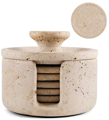Earthen Crafts Untersetzer aus Travertin-Marmor, 6 Stück, mit Halter und Deckel | 8,9 cm große Stein-Getränkeuntersetzer, 6 Stück, ideal für Terrasse, Wohnzimmer und Küche