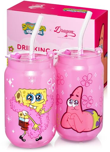 Dragon Glassware x Spongebob Squarepants 16 oz Drinking Glasses Set of 2 - Glass Cups with Lids and Straws - Iced Coffee Cups with Lids - Reusable Glass Tumbler with Straw and Lid - Spongebob - Pink