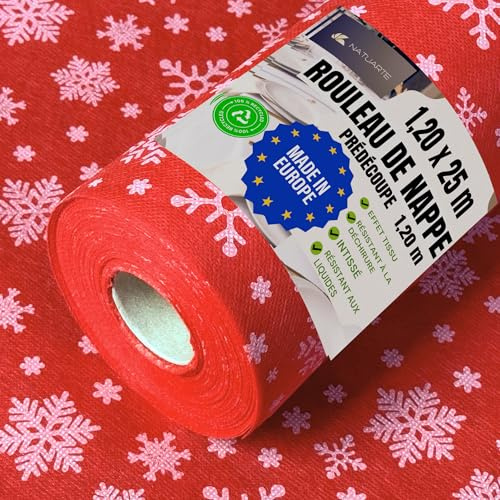 NATUARTE Tischdeckenrolle Weihnachten 1.20 m x 25 m Stoffähnliches Vlies Tischdecke Weihnachten Einweg Tischdecke Rolle - Vorschnitt alle 1,20m - Tischdeckenrolle Rot - Weihnachtsfarbe 1.20x25m