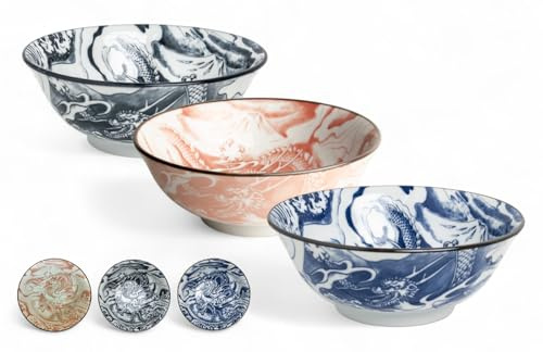 Japan-Bowls Drachengott Edition – Große Ramen Bowls Ø 20,5 cm | Porzellan-Schalen 3er-Set – Hochwertige asiatische Schüsseln für Ramen, Udon, Reis & Suppen (Drachengott 3er Mix-Set)