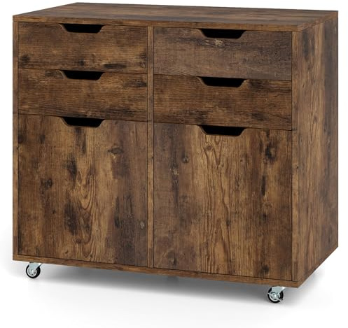COSTWAY Mobile File Cabinet, 4/5 Drawers Lateral Stationery Storage Organiser Chest with Wheels and 1/2 Doors, Home Office Printer Stand Side Filing Cupboard (Rustic Brown, 73 x 40 x 64cm)