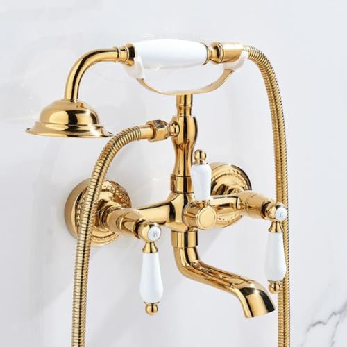 Rubinetto Vasca Da Bagno Miscelatore Vasca Da Bagno Ottone Due Maniglie Antico Vintage Stile, Rubinetto Doccia Da Muro Con Doccetta E Flessibile Doccia Da 1,5 M, Oro