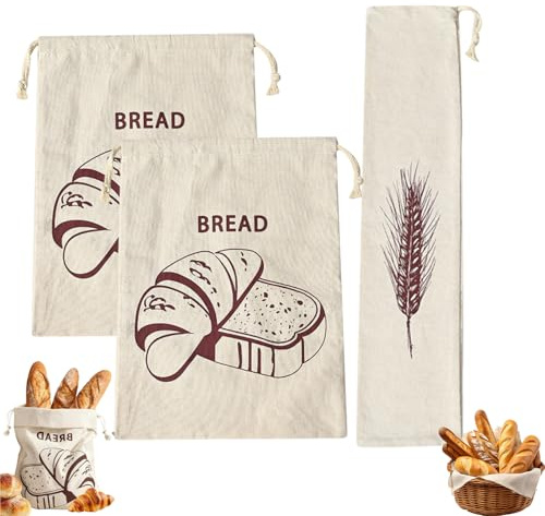 MmotZsb 3er Set Brotbeutel Aus Leinen, Brotbeutel Zum Frischhalten, Leinenbeutel Für Brot, Groß Und Praktisch, Ideal Für Die Aufbewahrung Von Brot Und Gebäck