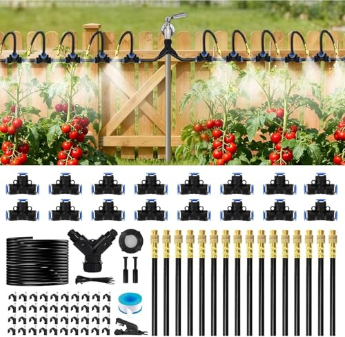 360° Adjustable Irrigation System Kit, 100FT Quick-Connect Garden Watering System Plant Watering Devices with 16 Brass Nozzles for Gardens, Lawns, Plants & Greenhouses