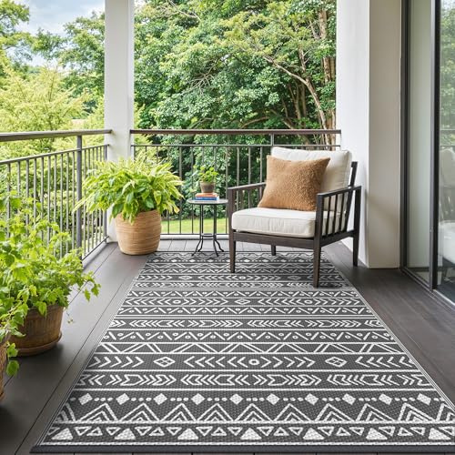 GENIMO Tappeto per Esterni 4x6 FT (122x183 cm), Tappeto Impermeabile Reversibile in Grigio e Bianco per Balcone, Terrazza, Giardino – stile bohémien