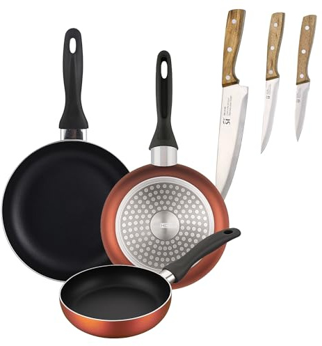 Well Home Set de 3 Sartenes Ø16Ø20Ø24cm de Aluminio prensado en Cobre metalizado+Set de 3 cuchillos de acero inoxidable para cocina