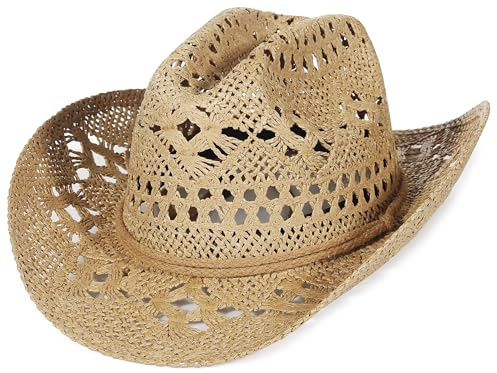 GEMVIE Straw Cowboy Cowgirl Hat for Men Women Summer Hollow Out Straw Cowboy Hats with Chin Strap