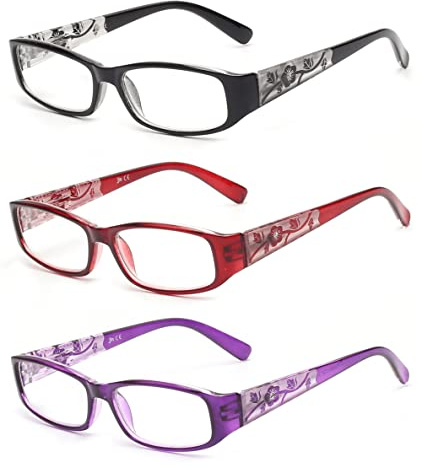 JM Reading Glasses with Spring Hinge 3 Pack Women, Lightweight Quality Vintage Readers Colorful Rectangular Glasses for Ladies Magnifying