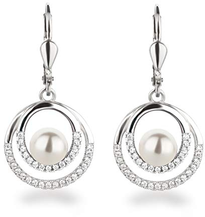 Schöner-SD Perlen-Ohrringe hängend Zirkonia Ohrhänger 925 Silber in weiß
