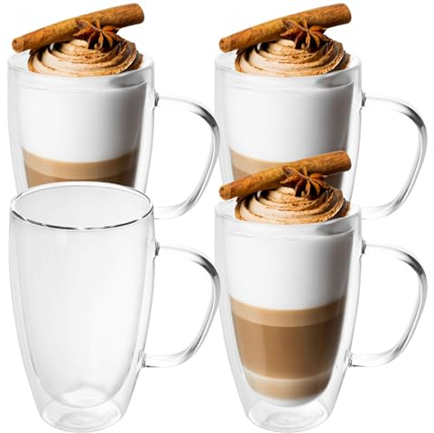 Intirilife 4x set di bicchieri termici a doppia parete -400-500ml- soffiati a bocca isolati per cappuccino espresso, bicchieri da tè bicchieri da caffè latte macchiato, effetto galleggiante con manico
