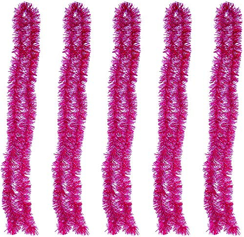POFET 5PCS Christmas 2m Hot Pink Tinsel Metallic Garland Sparkling Hanging Decoration for Christmas Tree Wreath Wedding Party Supplies