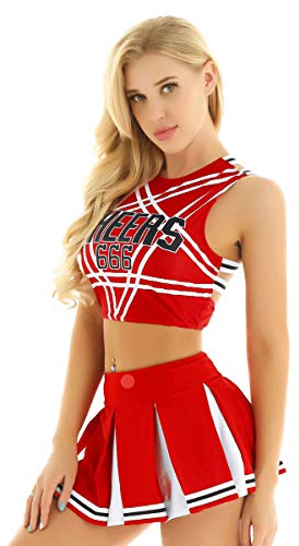 FEESHOW Damen Cheerleading Kostüm Sexy Cheerleading Rock Oberteil Pumpons High School Musical Outfit Karnevalskostüm Party Tanzkleidung Rot XXL